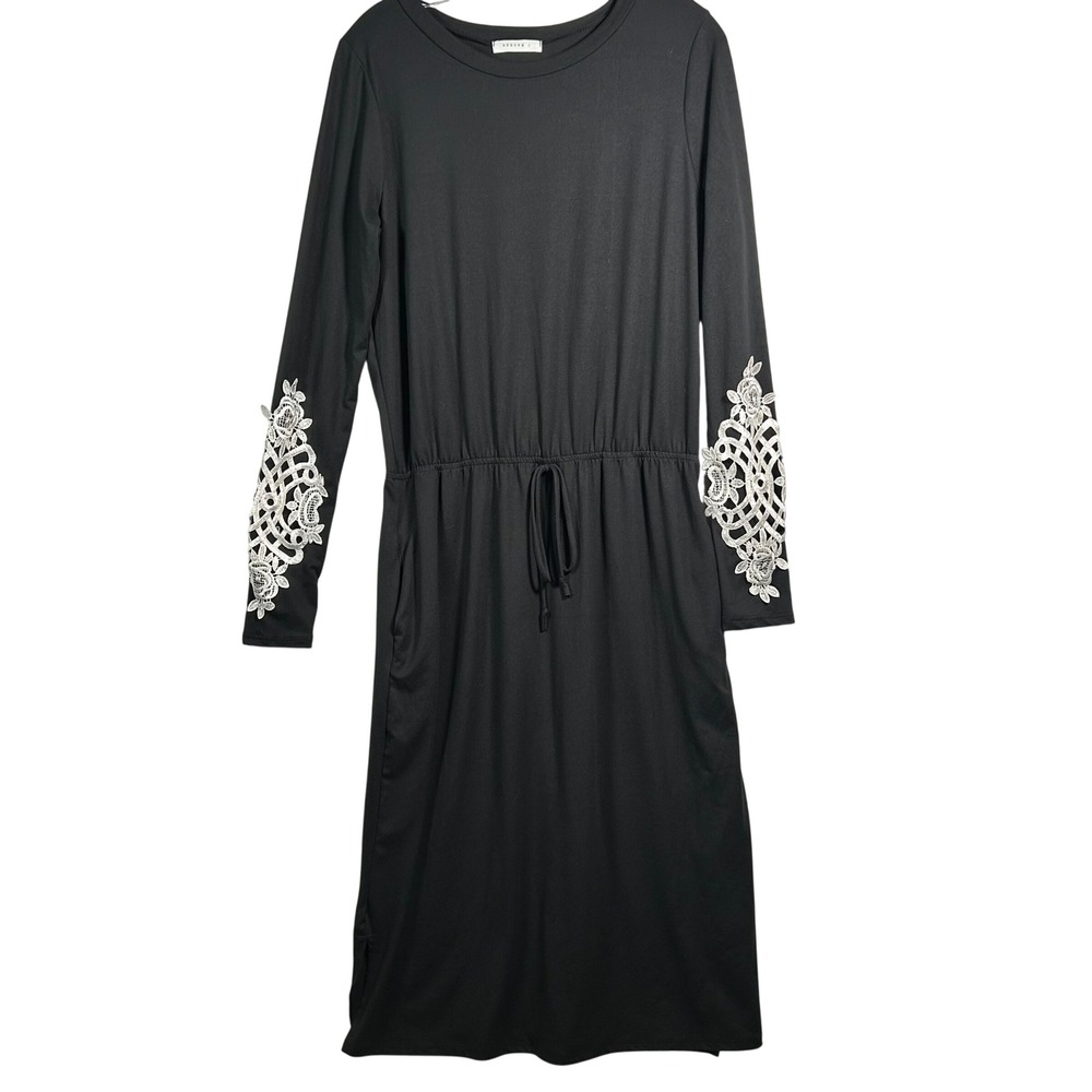 Reborn J Black Lace Sleeve Midi Dress Pockets Drawstring Waist T8526R Medium